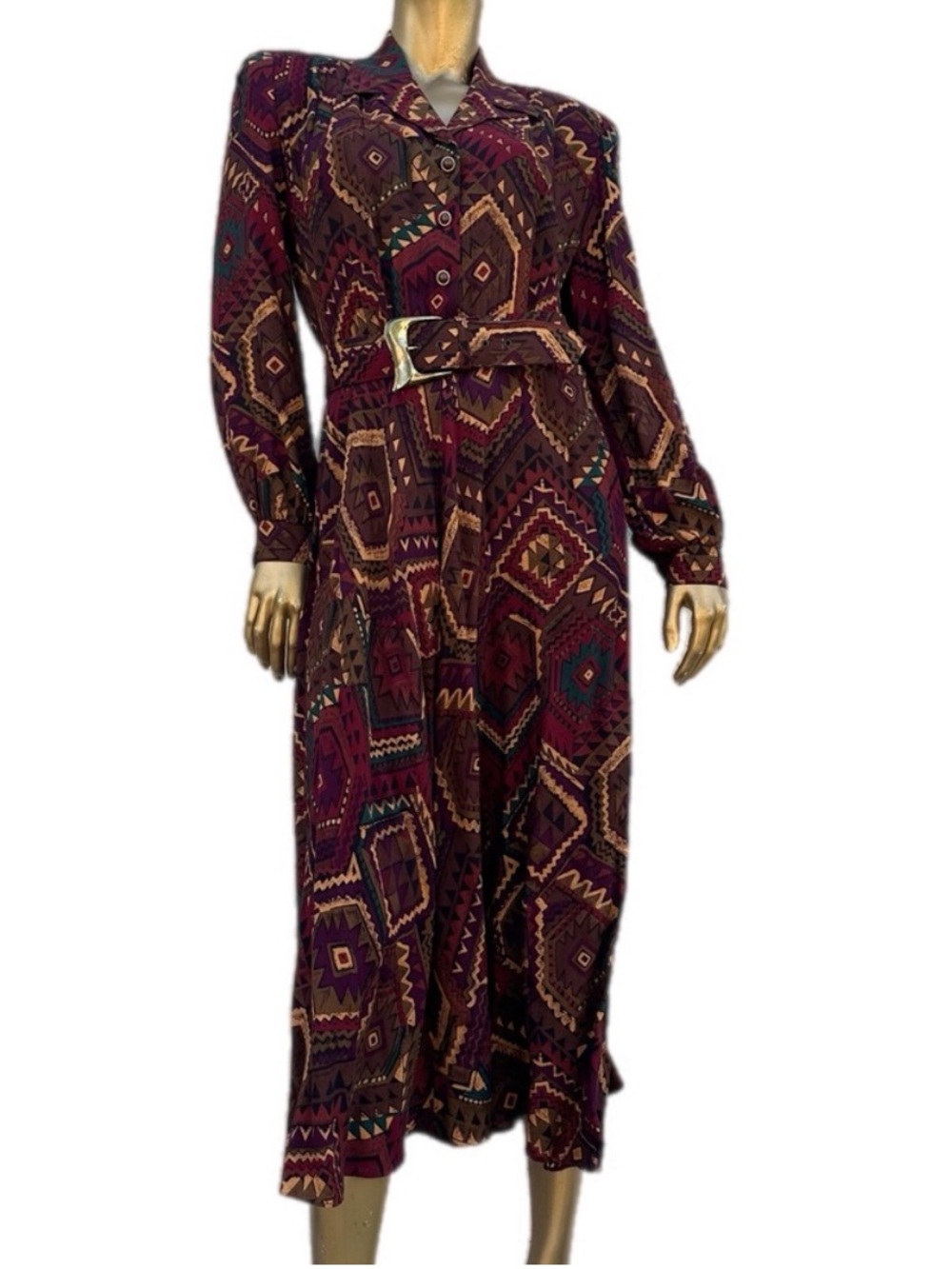 Vintage Lady Carol Collared Long Sleeve Geometric belted midi Dress size 8 RAYON